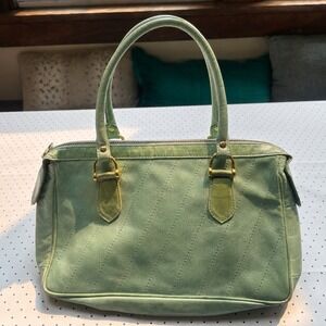 Vintage Mint Green Genuine Leather Satchel Purse Zip Top Brass Top Handle